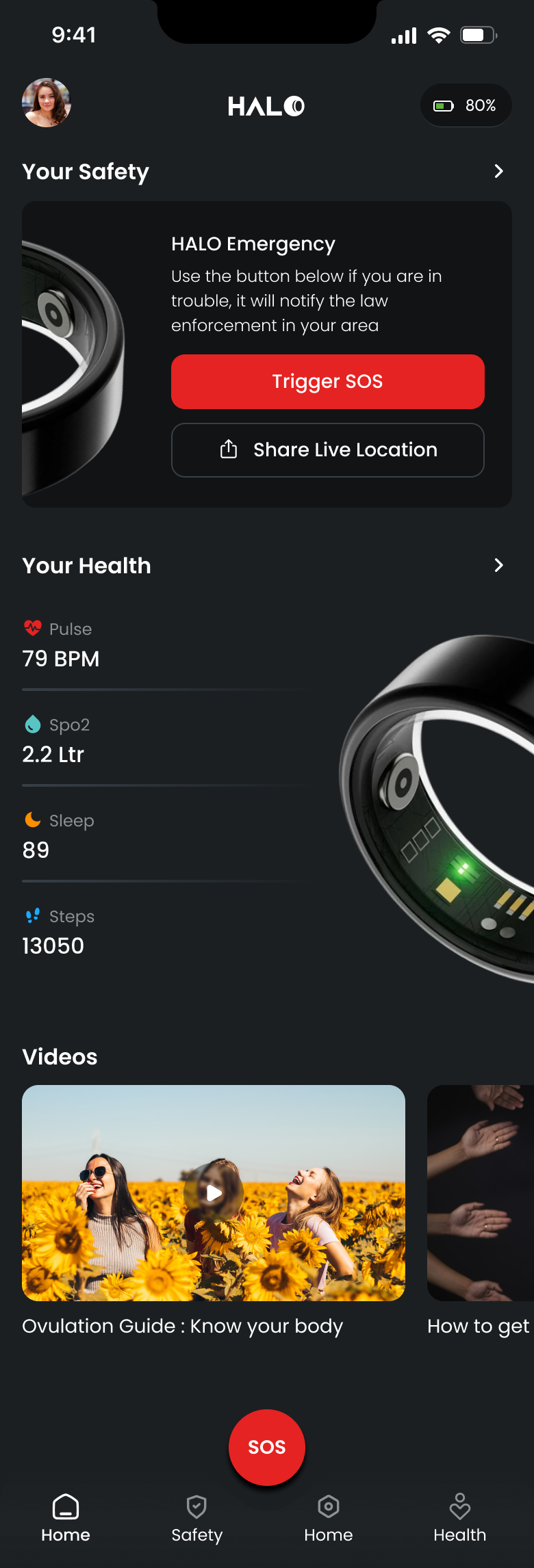HALO home screen showing the Your Safety emergency card above Your Health vitals