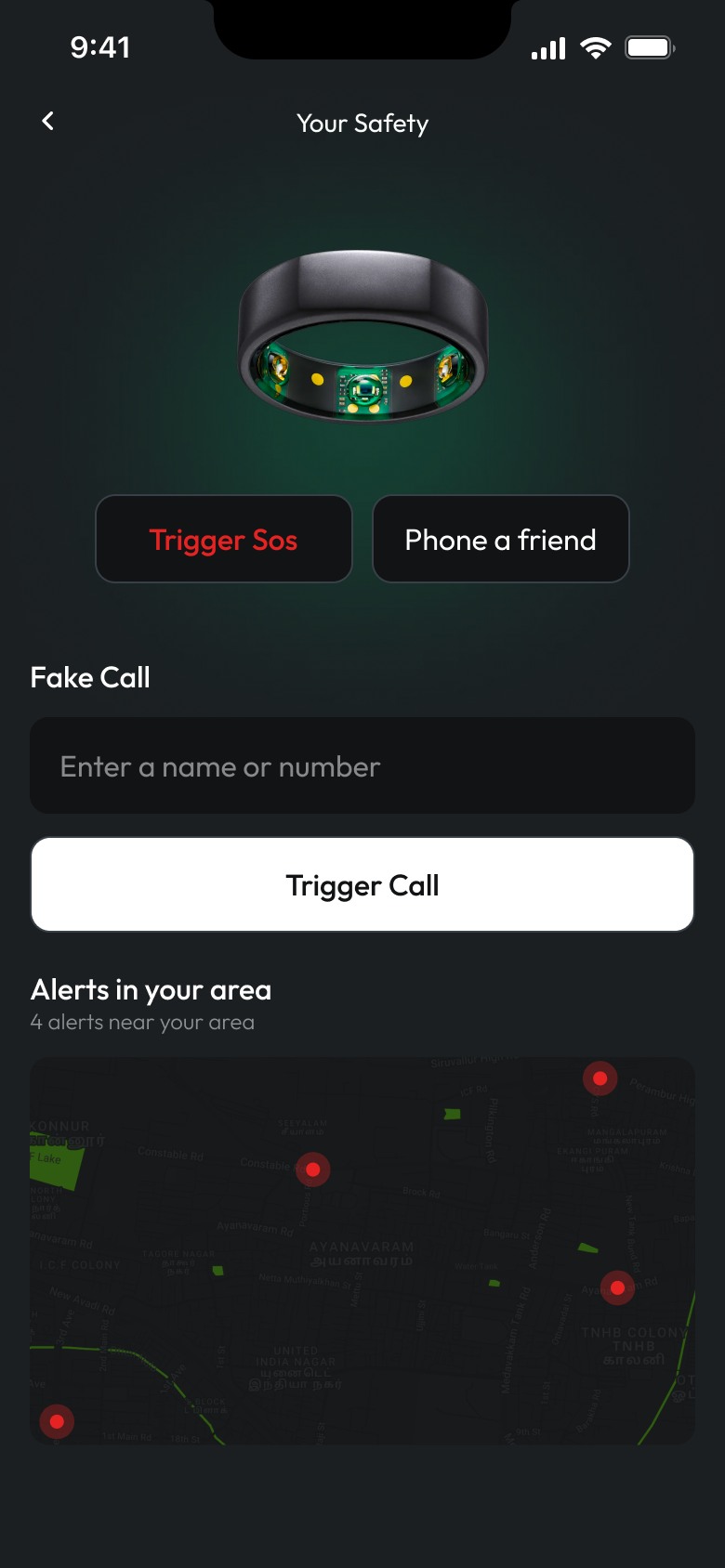 HALO safety screen showing Trigger SOS, Phone a friend, Fake Call and the area alerts map