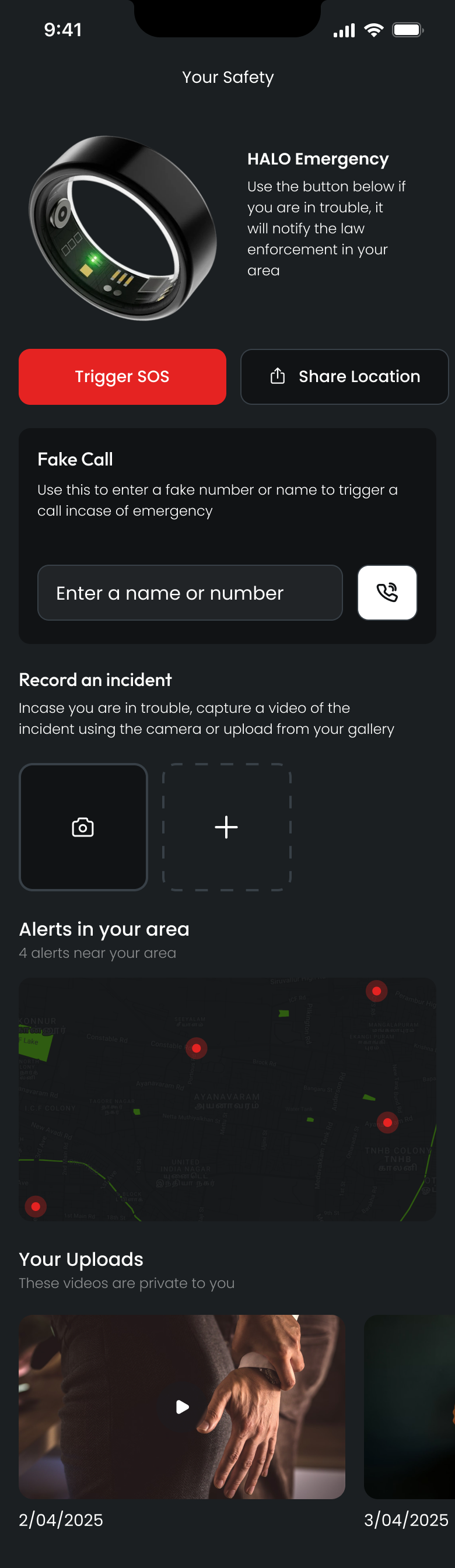 HALO safety screen with HALO Emergency card, Fake Call, Record an incident and Alerts in your area