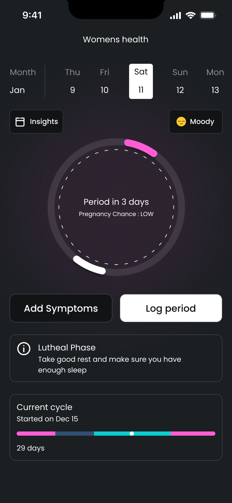 HALO women's health screen showing cycle calendar, phase guidance and period logging