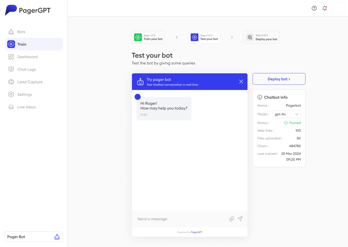 PagerGPT test-your-bot screen with a live chat preview, model selector and chatbot info panel showing trained status, web links and file counts