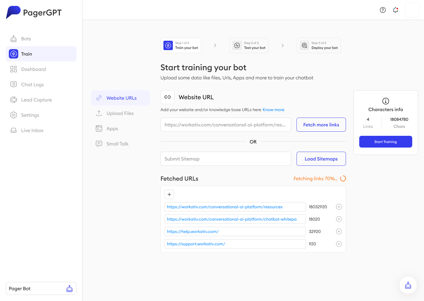 PagerGPT bot training screen showing website URL and sitemap fetch, fetched URLs list and a live character count panel
