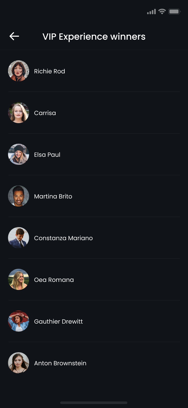 VIP experience winners list screenshot