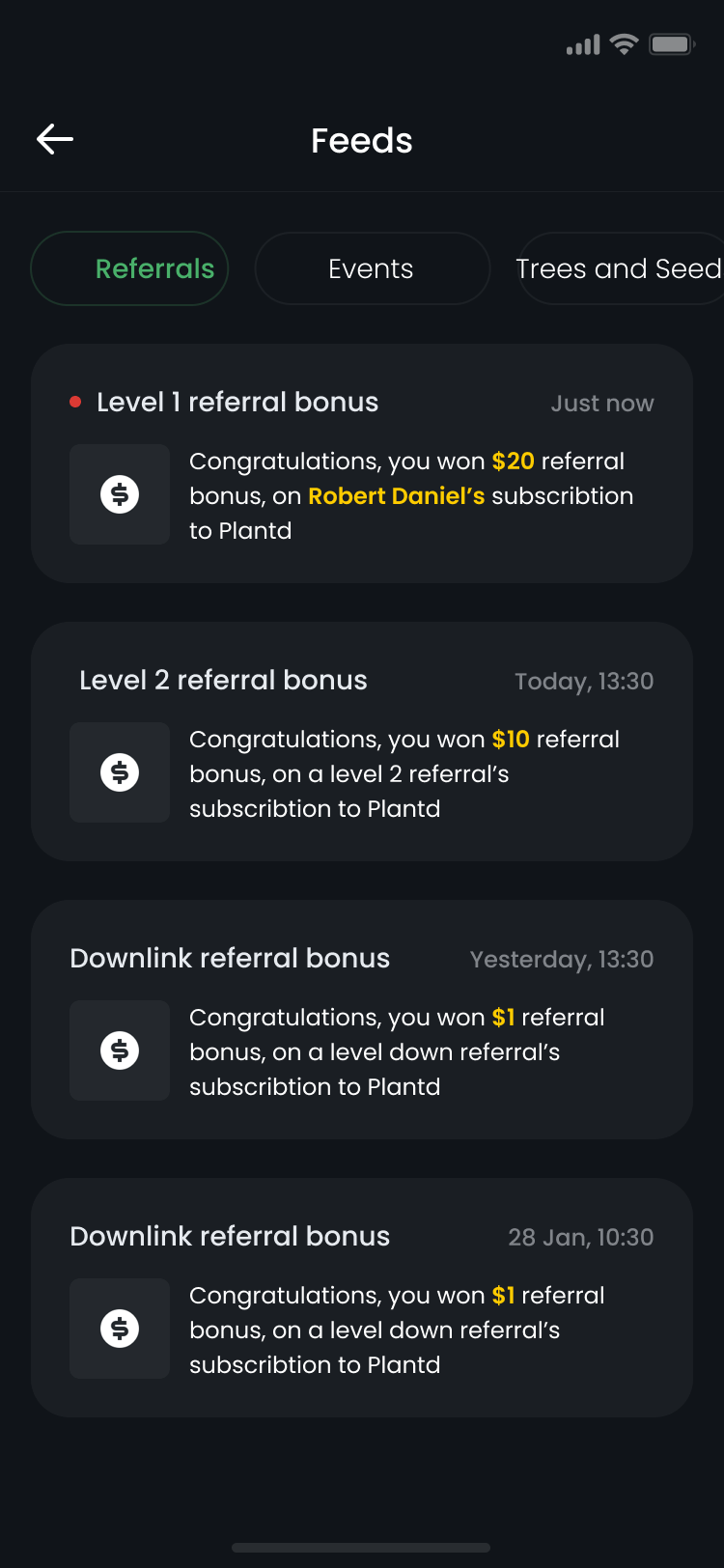 plantd feeds screen showing referral bonus activity