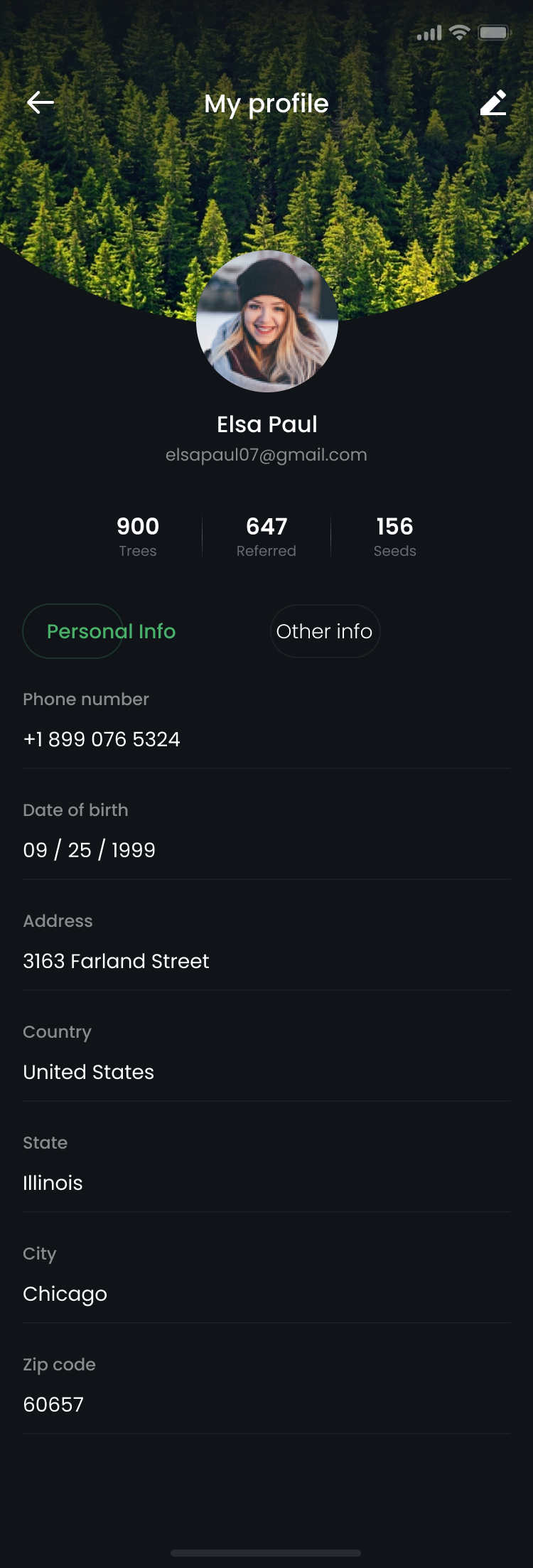 plantd profile screen with trees, referred and seeds stats