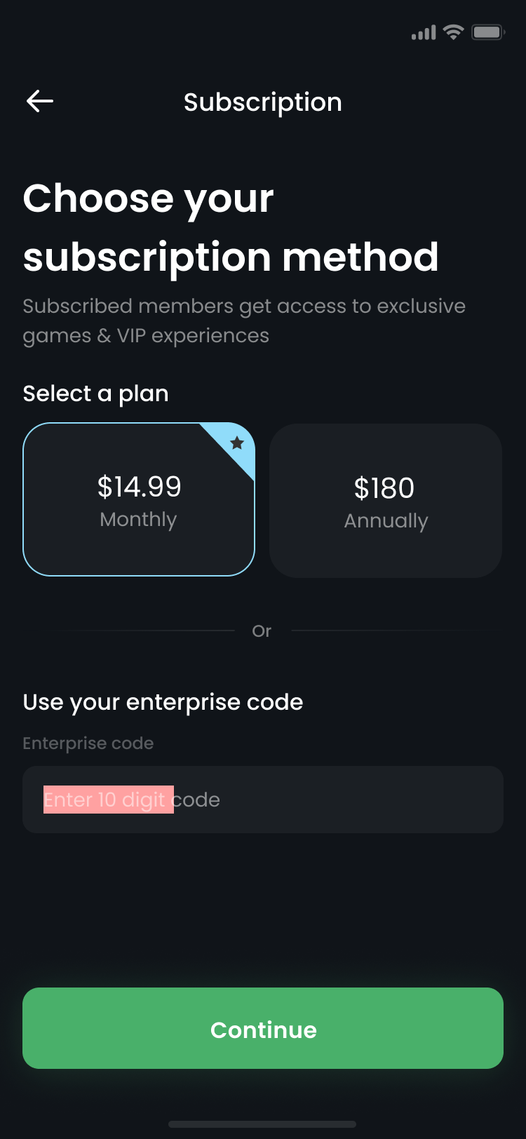 Subscription plan selection screenshot
